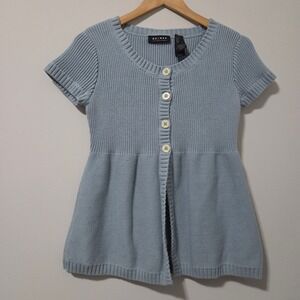 Axcess Liz Claiborne Blue Short Sleeve Cardigan Sweater Empire Waist Cotton L